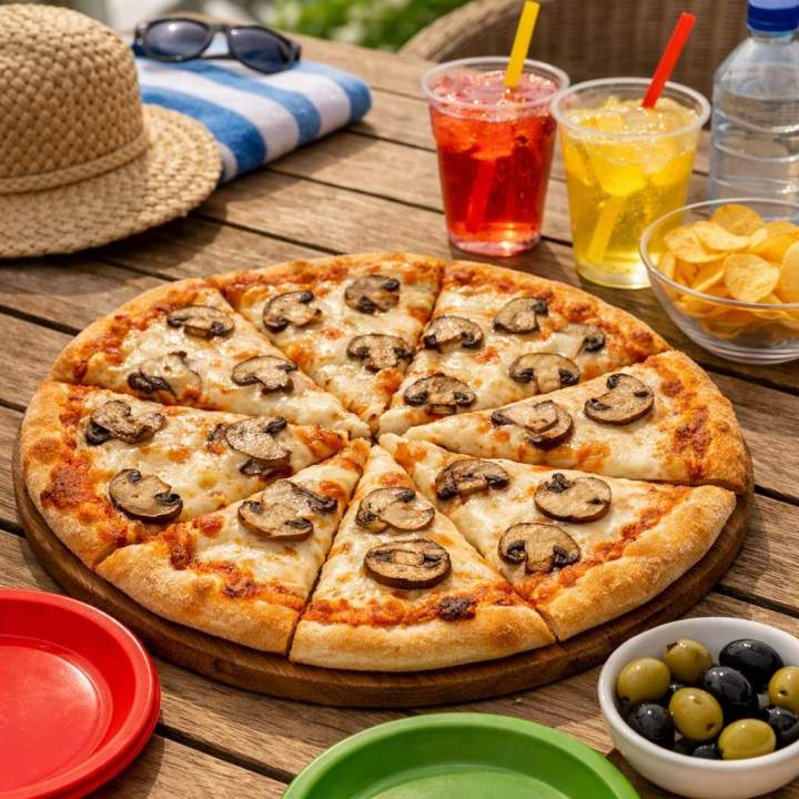 Pizza aux champignons sur une table de jardin Les Anses-d'Arlet